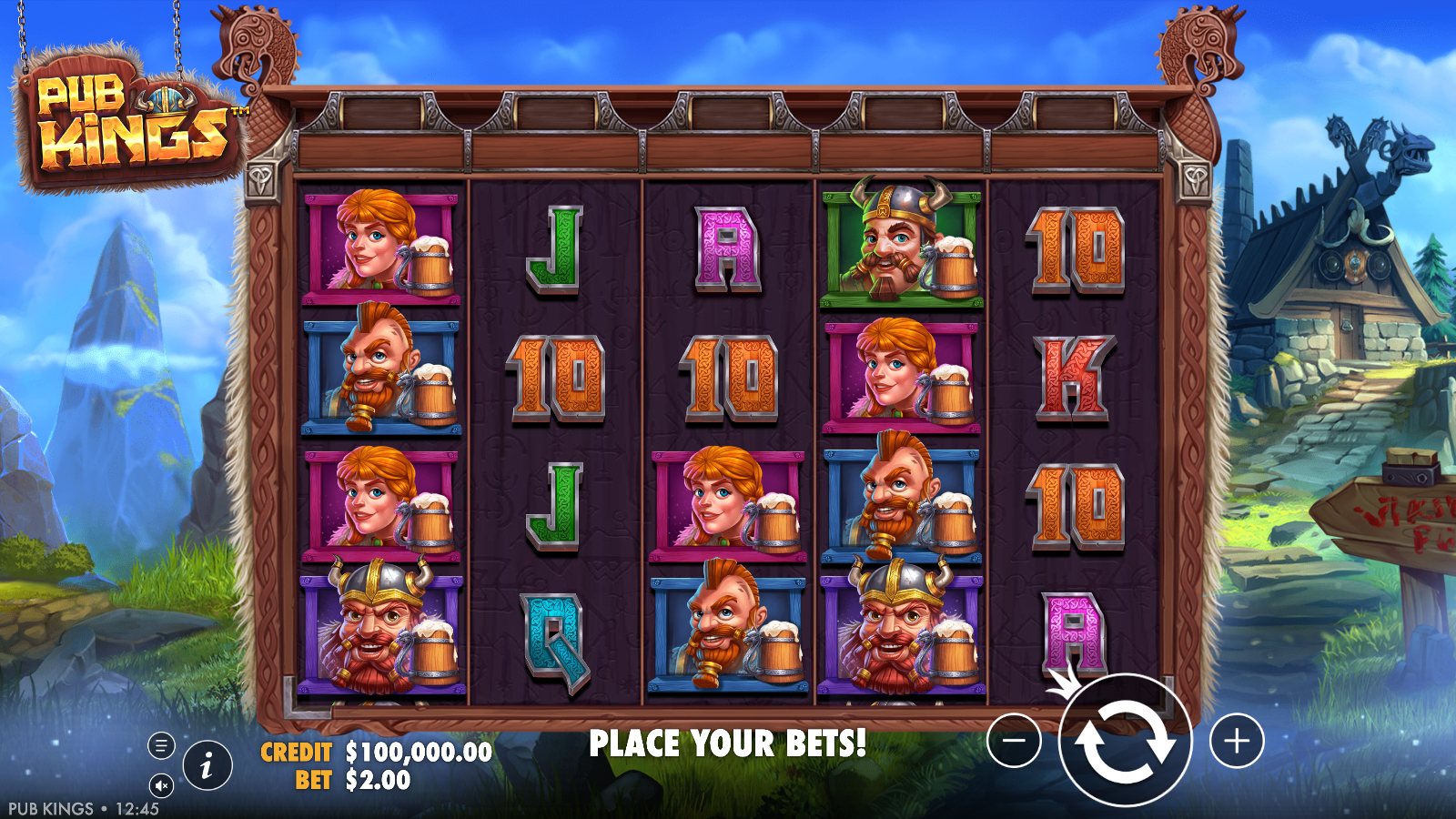 Pub Kings base game showing the 5x4 grid over 20 fixed paylines with Viking pub characters and playing-card low symbols