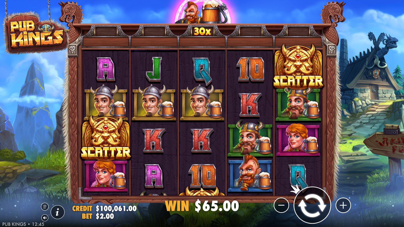 Two golden Viking scatters on reels 1 and 5 triggering the base-game Random Award at 30x in Pub Kings
