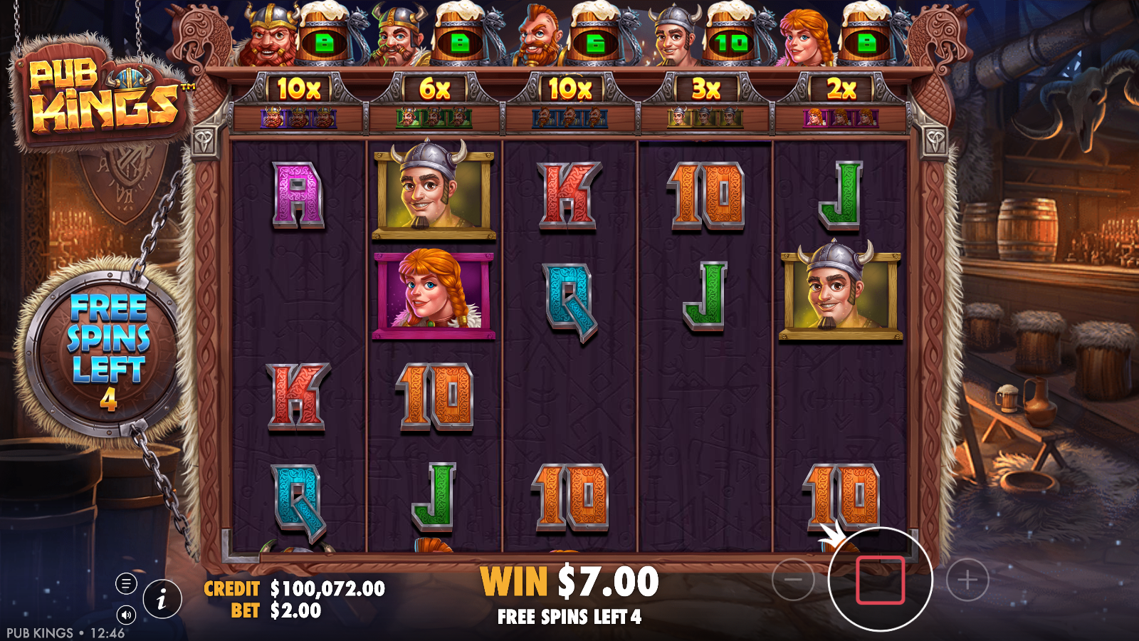 Pub Kings Free Spins collector, per-character mug counters and per-reel accrued-award multipliers climbing across the reels