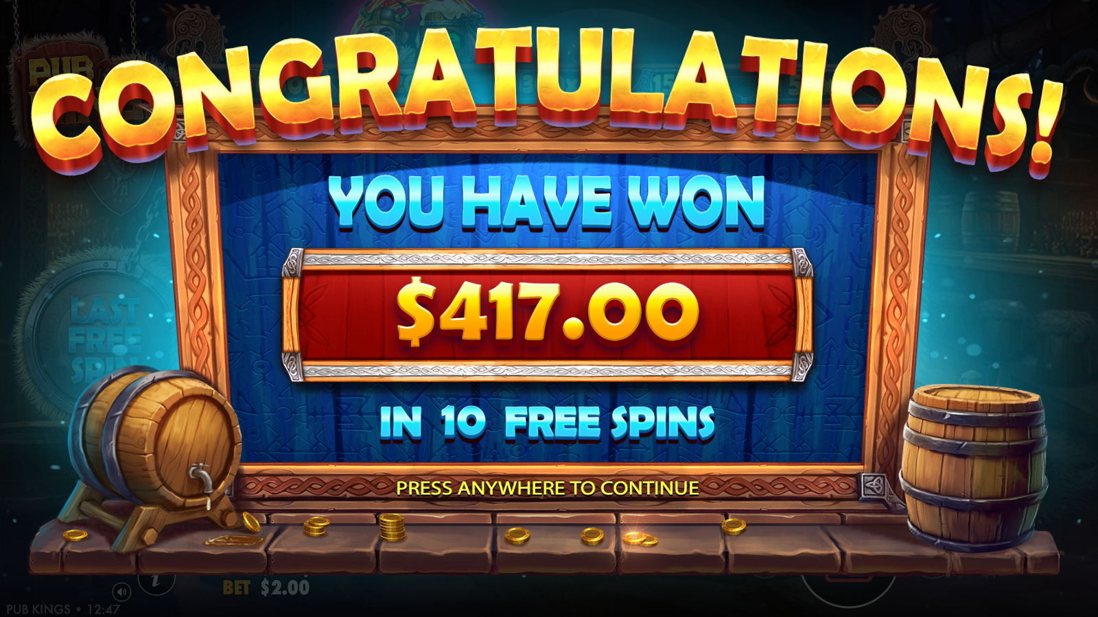 Pub Kings Free Spins result summary card confirming the accrued award paid at the end of the 10 free spins