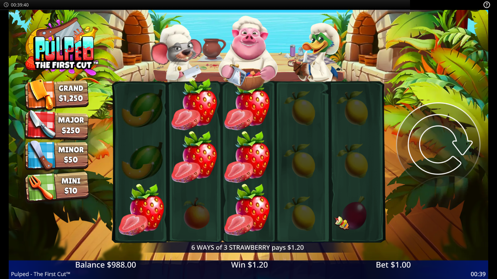 Cluster of split fruit symbols mid-cleaver animation showing the ways-count expansion