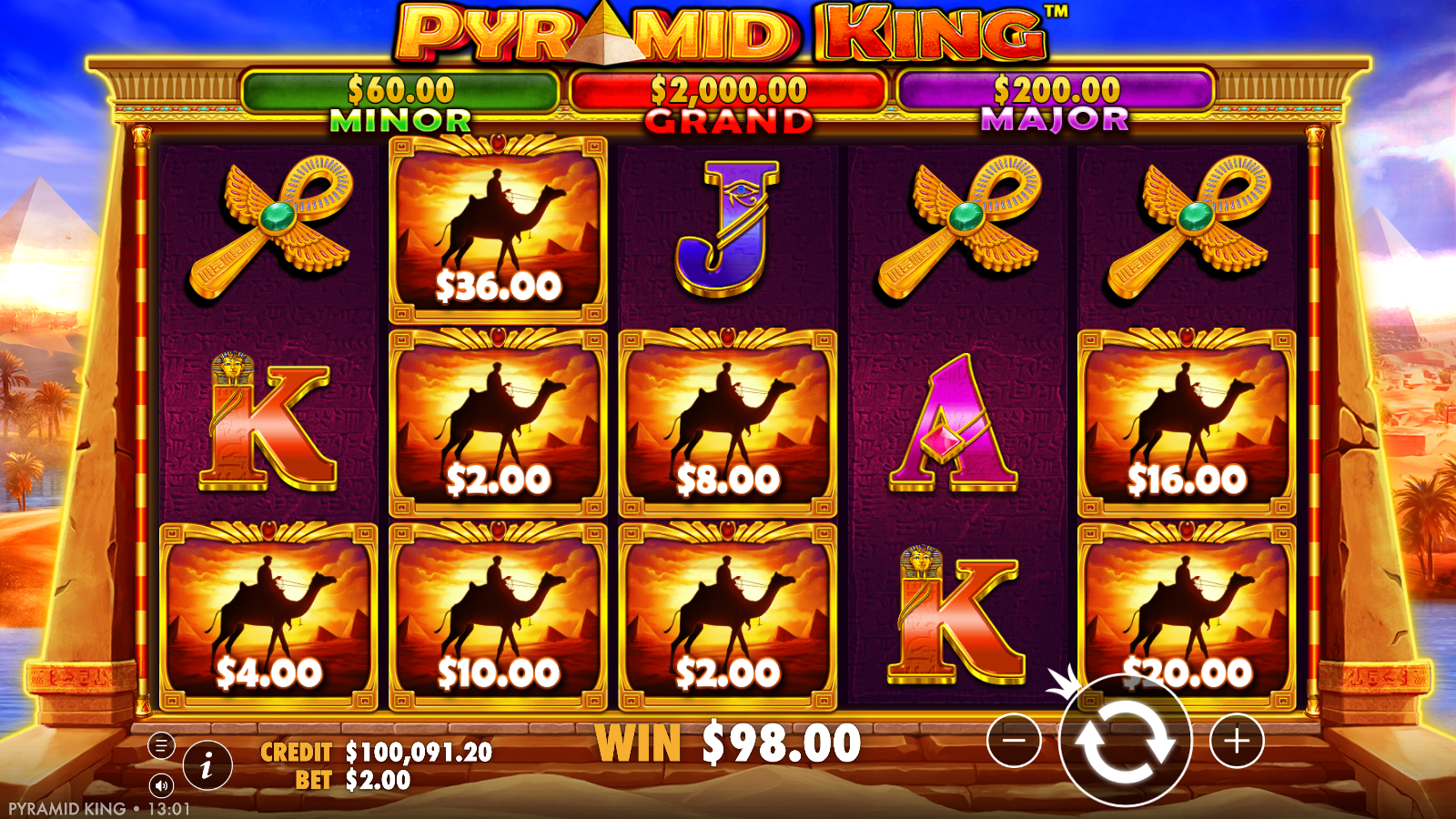 Pyramid King win with Camel money symbols carrying cash values across the grid