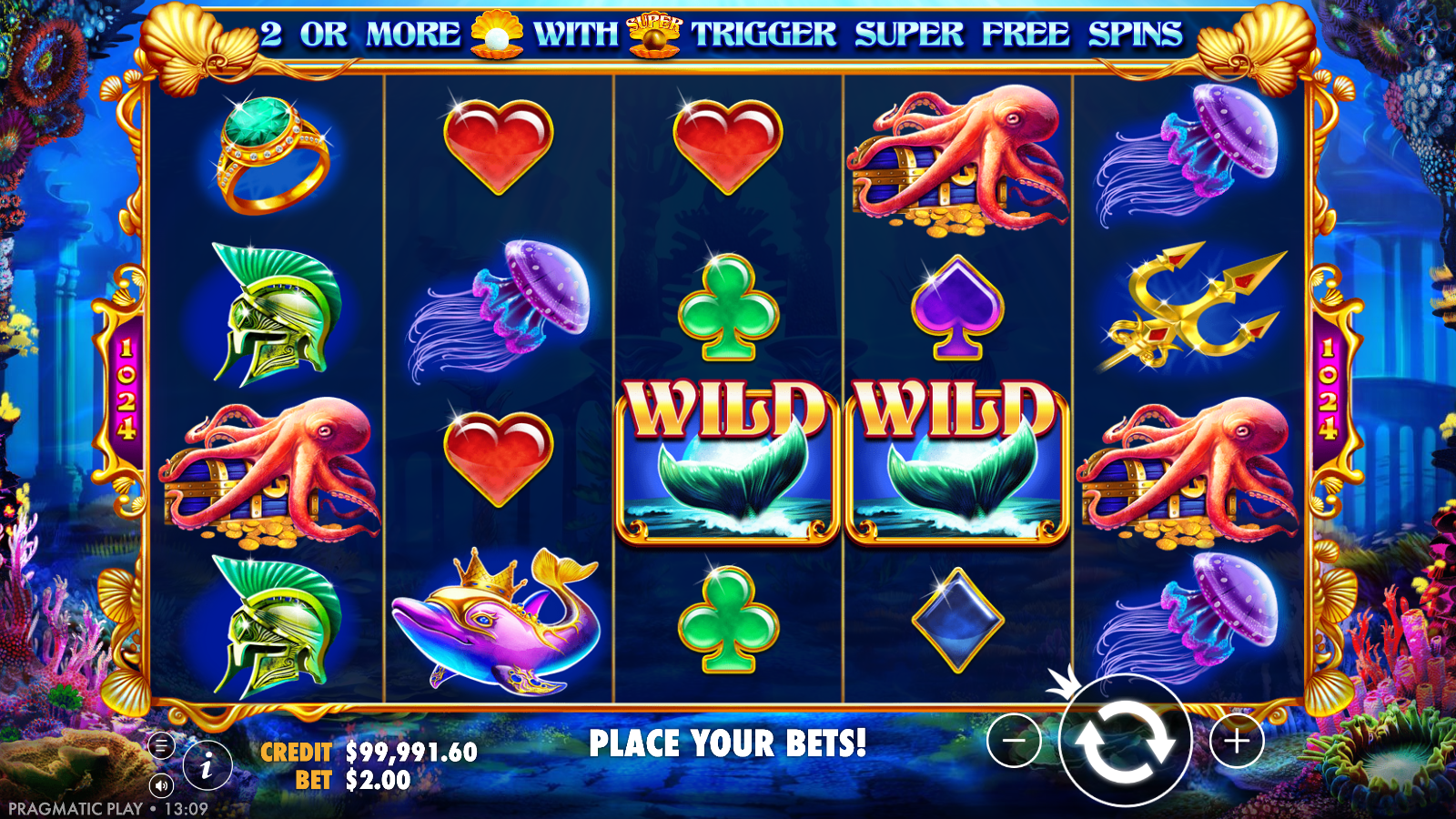 Two Siren's Tail wild symbols on the middle reels of Queen of Atlantis