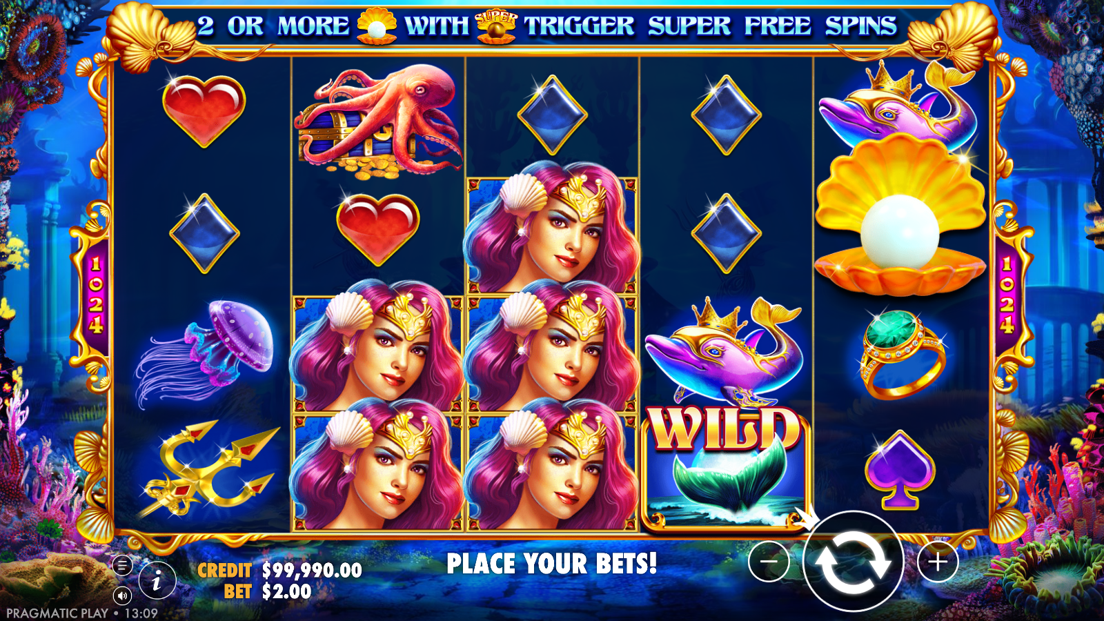 Stacked Queen symbols beside the pearl Free Spins scatter in Queen of Atlantis