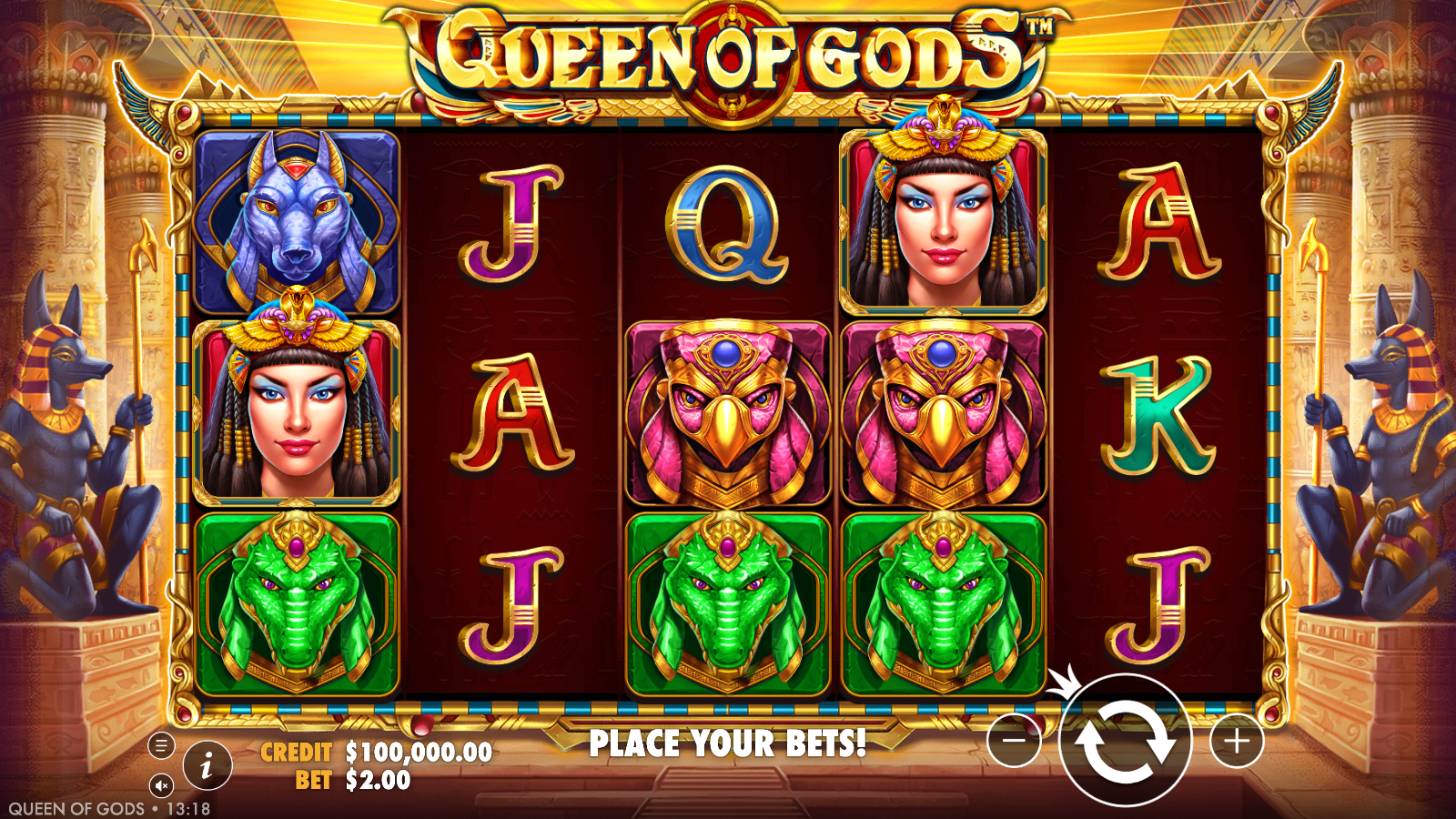 Queen of Gods base game 5x3 grid with 10 paylines