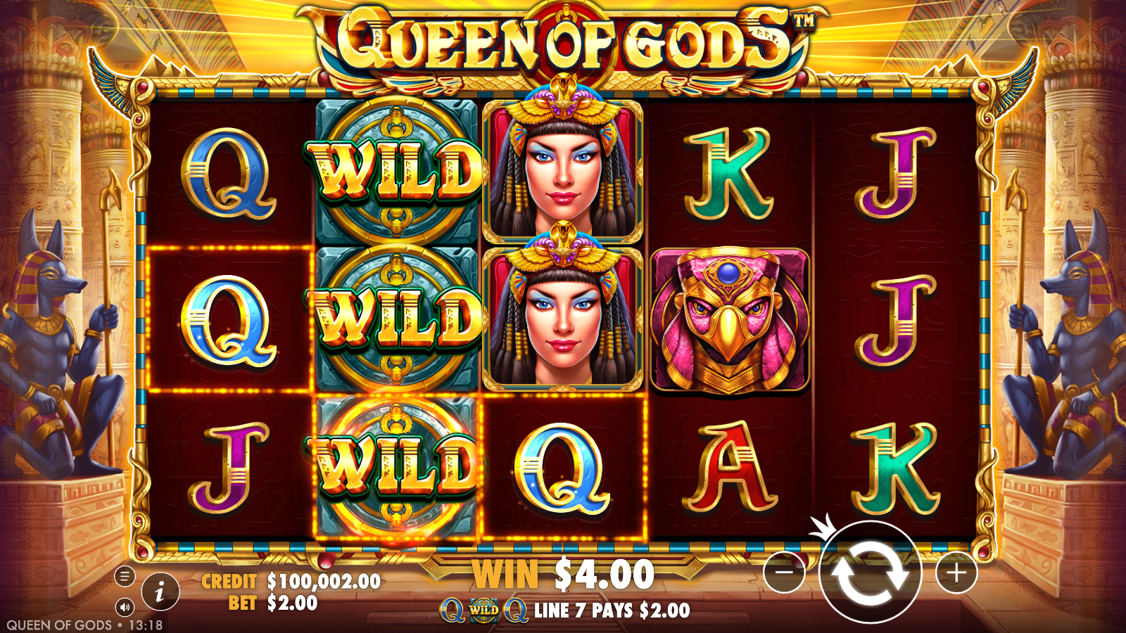 Stacked Wild on reel two completing a line win in Queen of Gods
