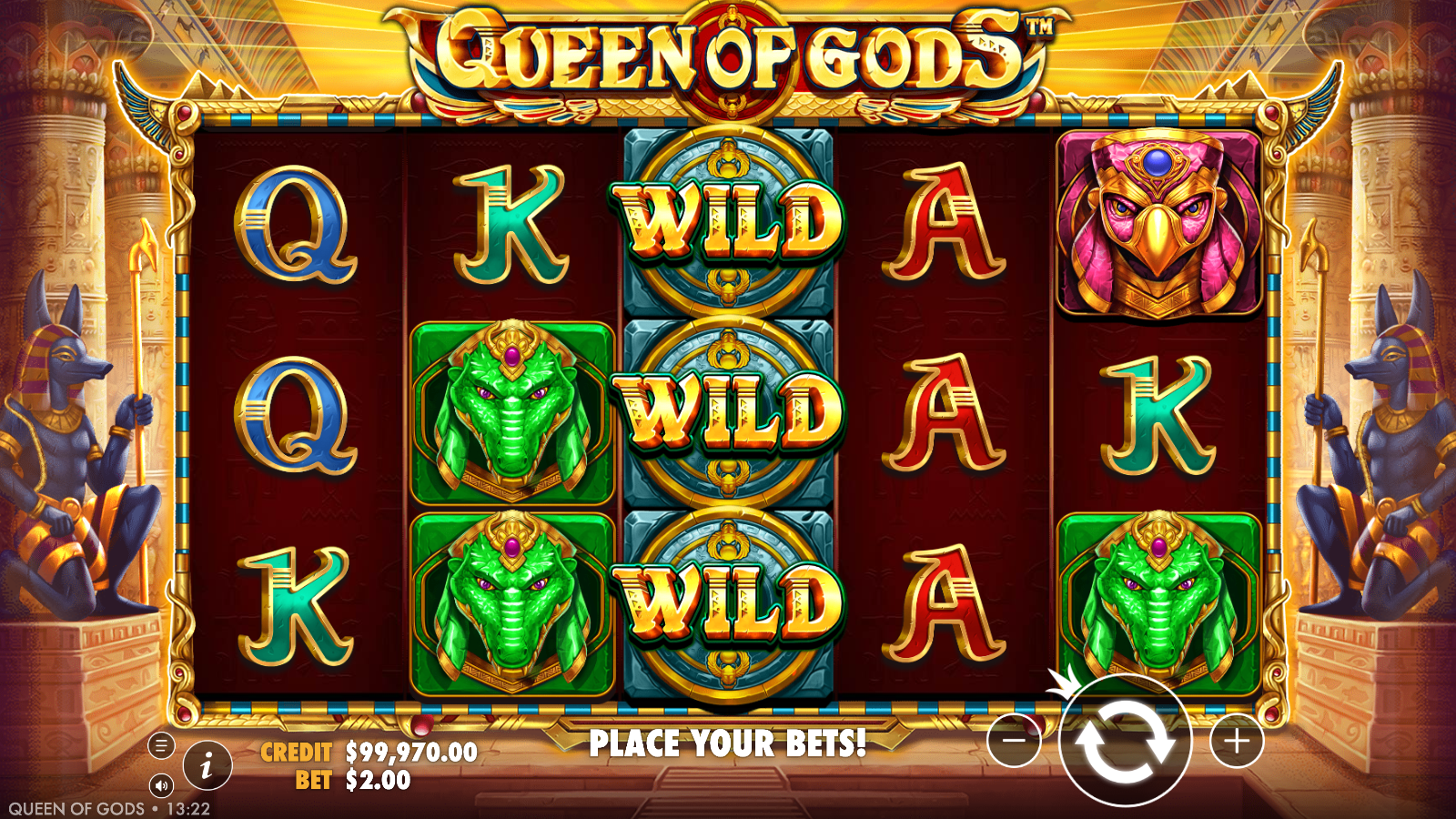 Stacked Wild filling the centre reel in Queen of Gods