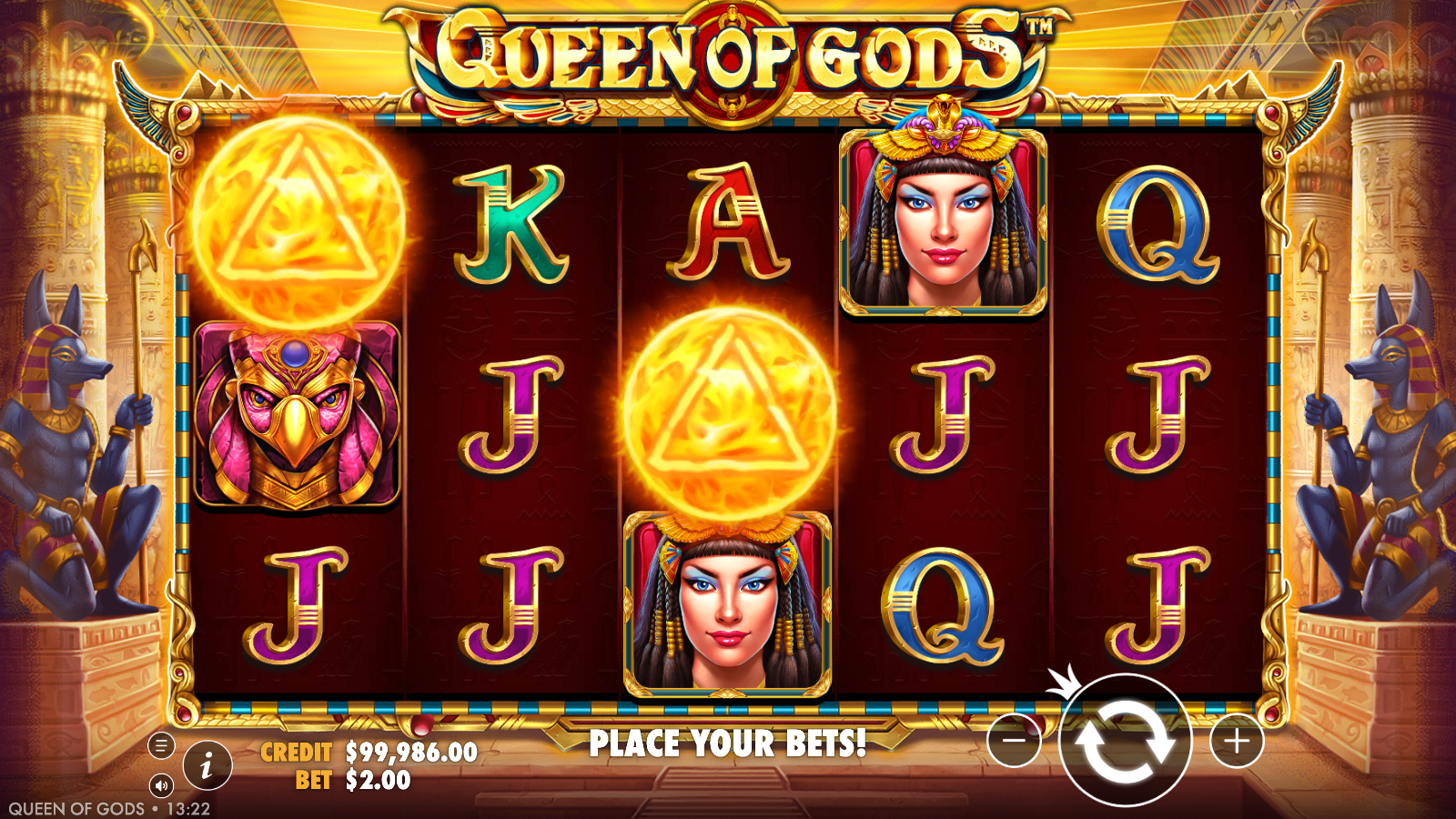 Two gold Scatter symbols landing in Queen of Gods