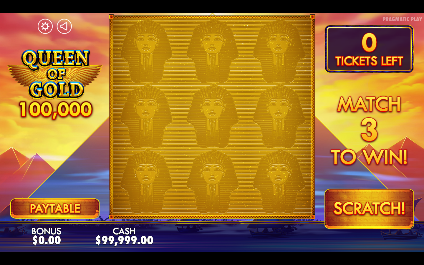 A freshly bought Queen of Gold 100,000 scratchcard showing nine gold pharaoh-queen panels in a 3 by 3 grid with the paytable and scratch buttons and the match-three goal on the right