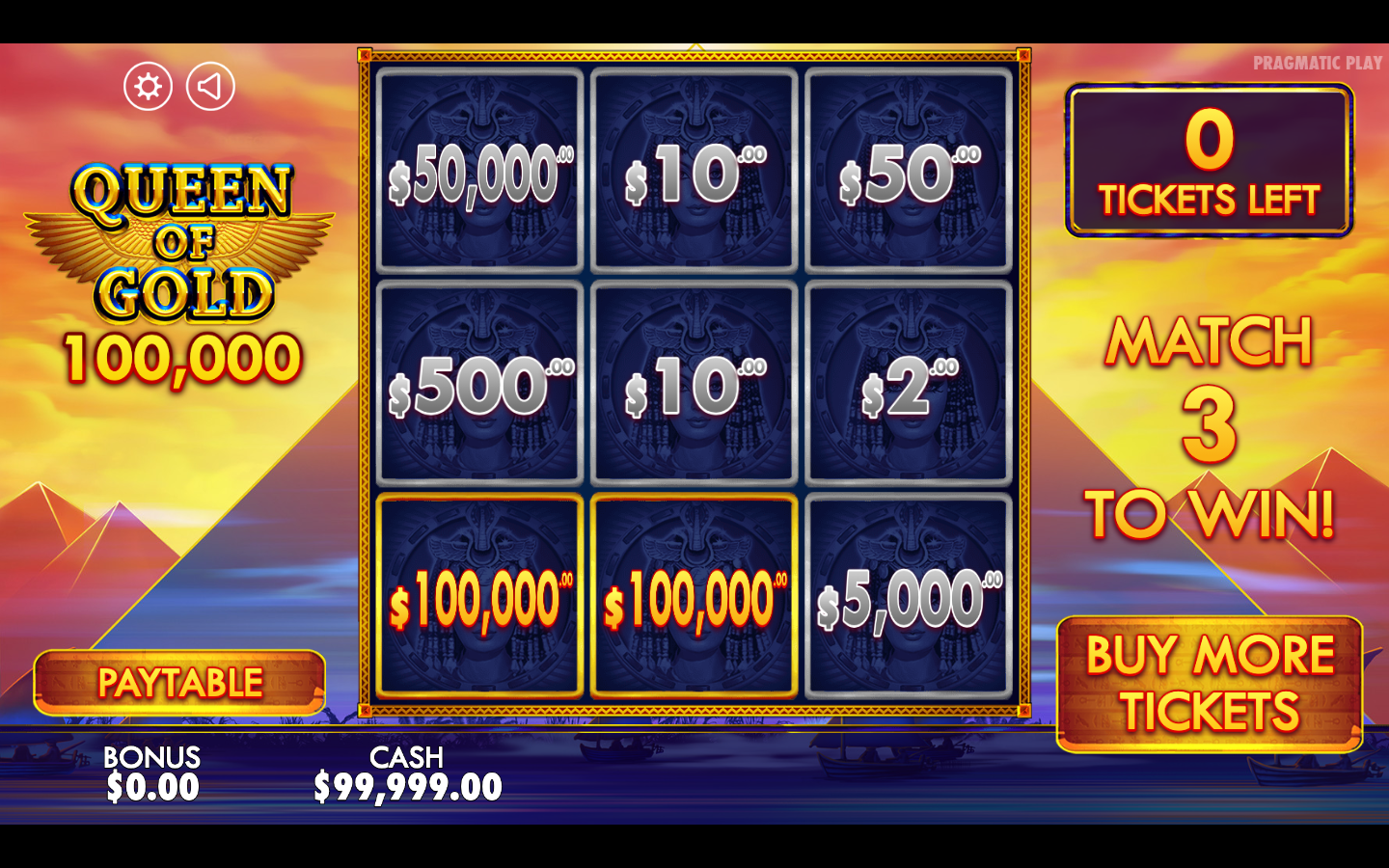 The same Queen of Gold 100,000 scratchcard fully revealed with each of the nine panels showing a cash value and two A$100,000 panels landing on the bottom row
