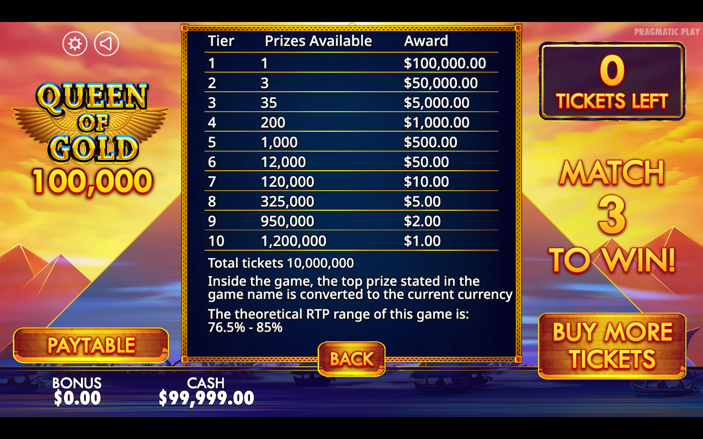 The in-game Queen of Gold 100,000 prize table listing the ten award tiers, the winning tickets available at each and the stated RTP range