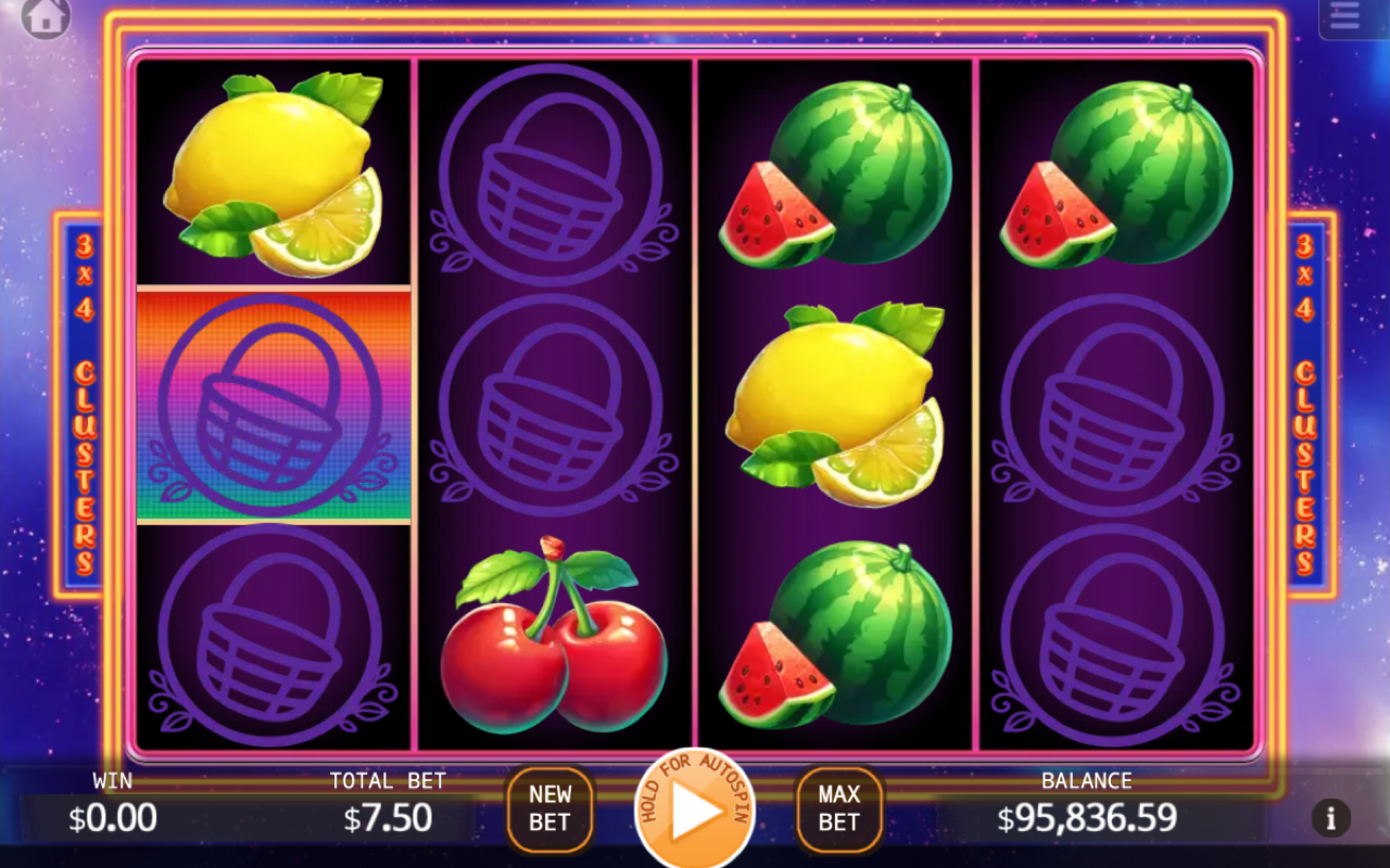 Rainbow Fruit Flowin base game showing the 4 by 3 cluster-pays grid filled with fruit symbols including watermelon, lemon, strawberry and cherries, with the dimmed Flowin Spot basket symbols on the board and the CLUSTERS 3 by 4 side rails