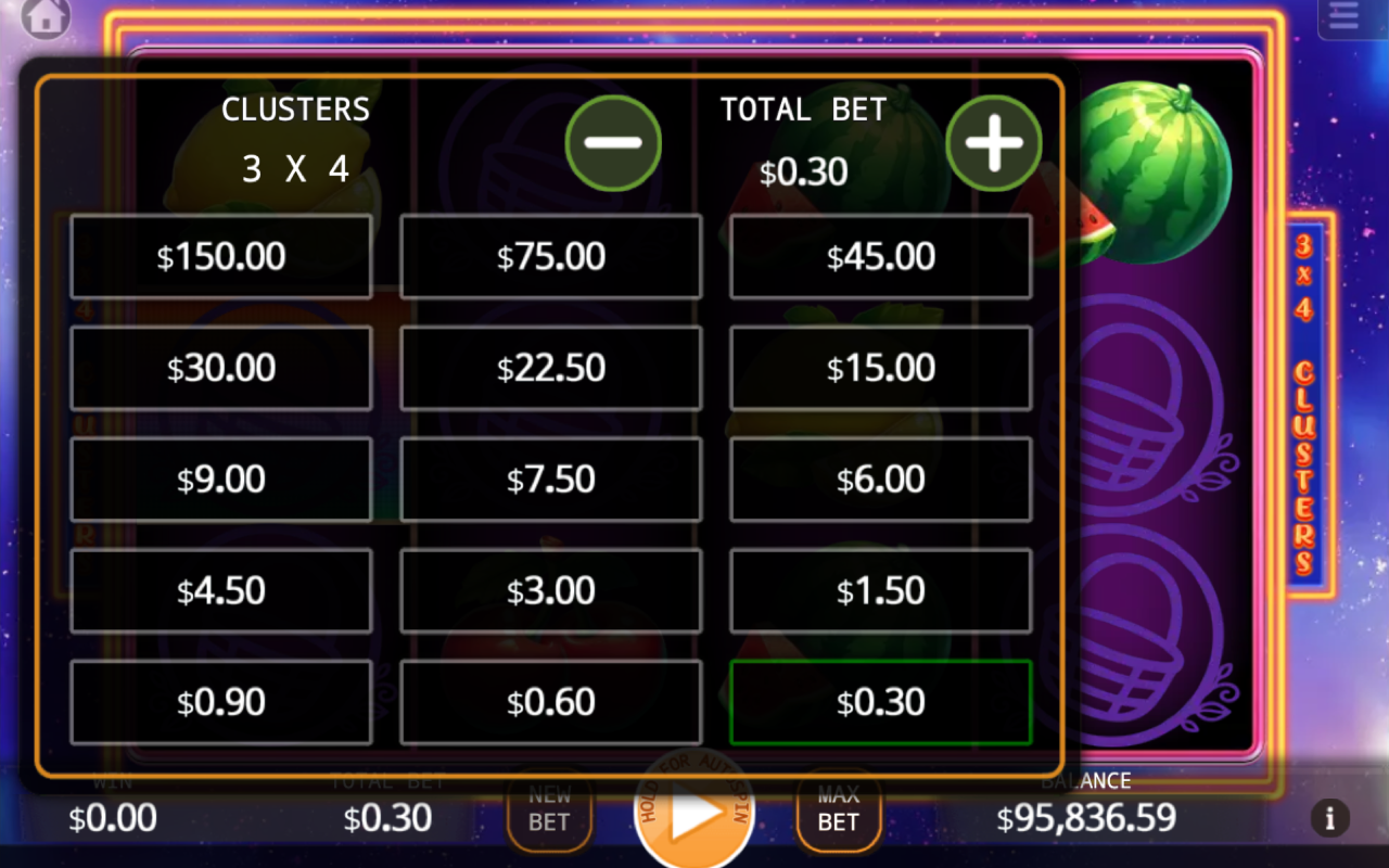 Rainbow Fruit Flowin bet panel showing the CLUSTERS 3 by 4 label and the stake ladder over the cluster grid, with the spin control below