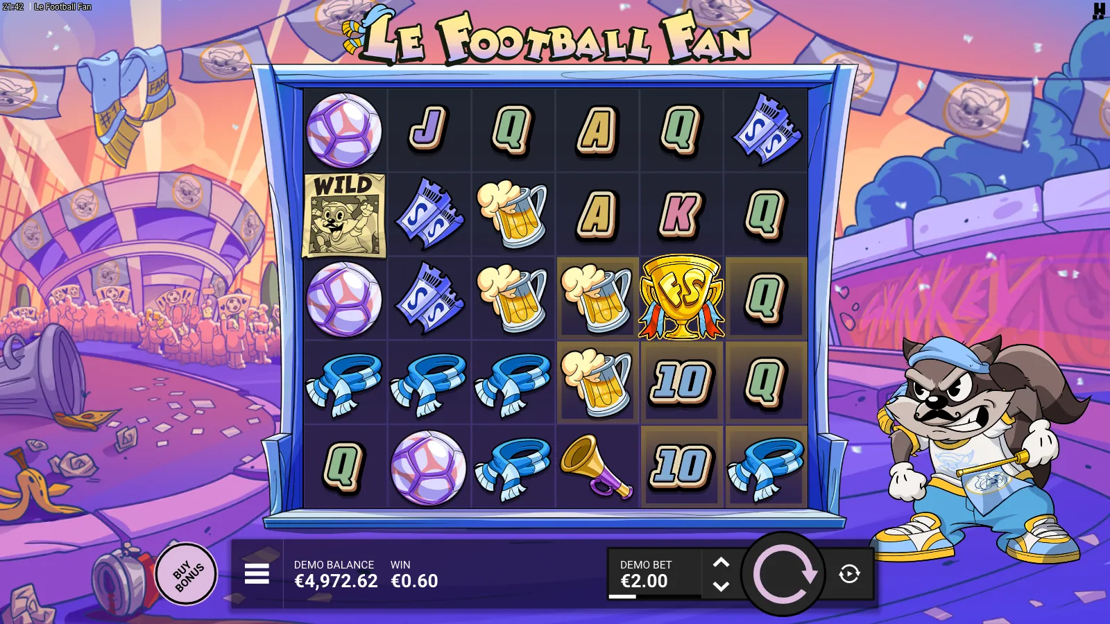Tumble sequence resolving a 0.60 winning cluster of scarves with a wild Smokey top-left and a golden trophy mid-right adding feature-symbol density