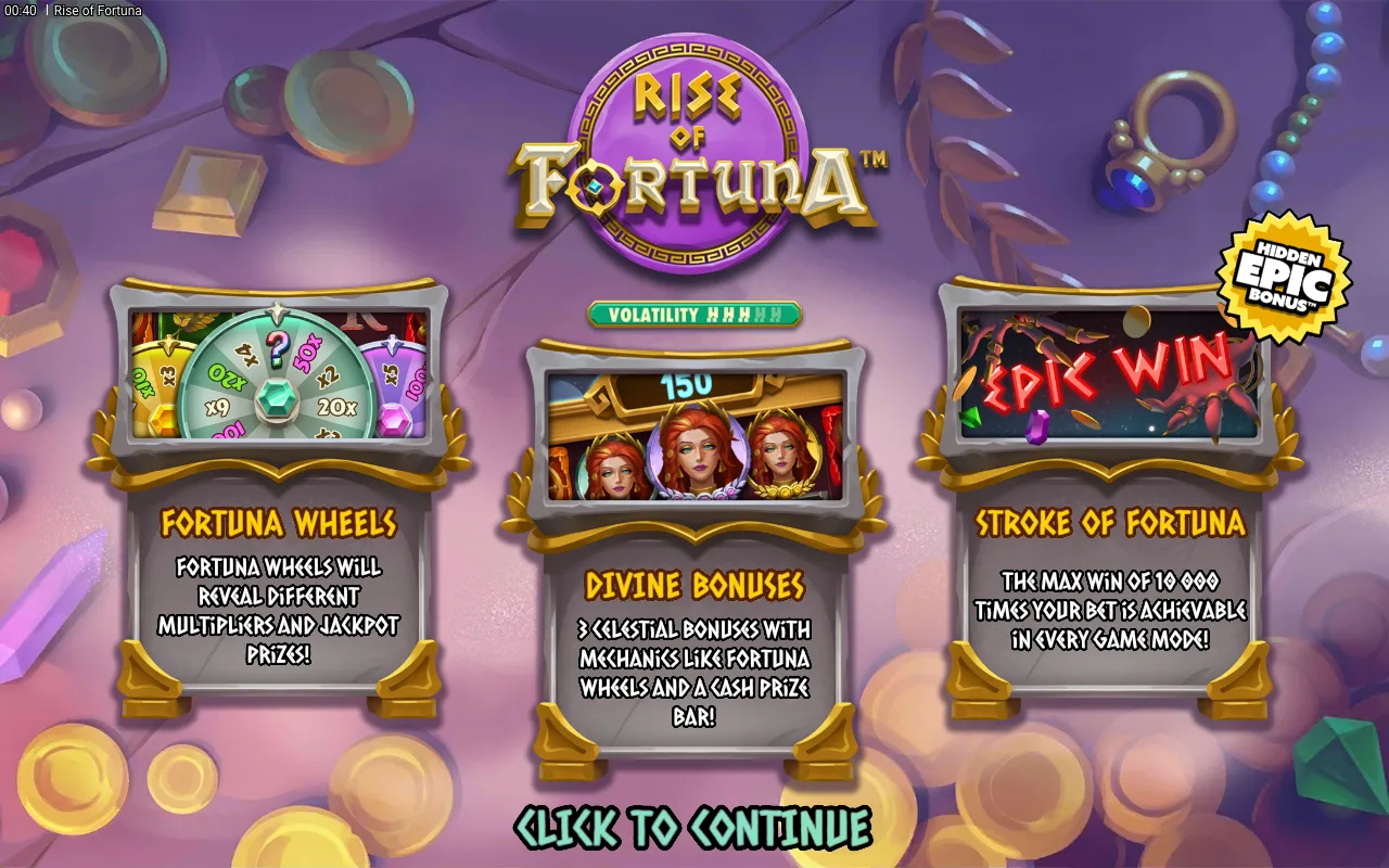 Rise of Fortuna welcome splash with three feature cards (Fortuna Wheels, Divine Bonuses, Stroke of Fortuna) against a classical Roman backdrop, volatility 3/5 bar and Epic badge top-right