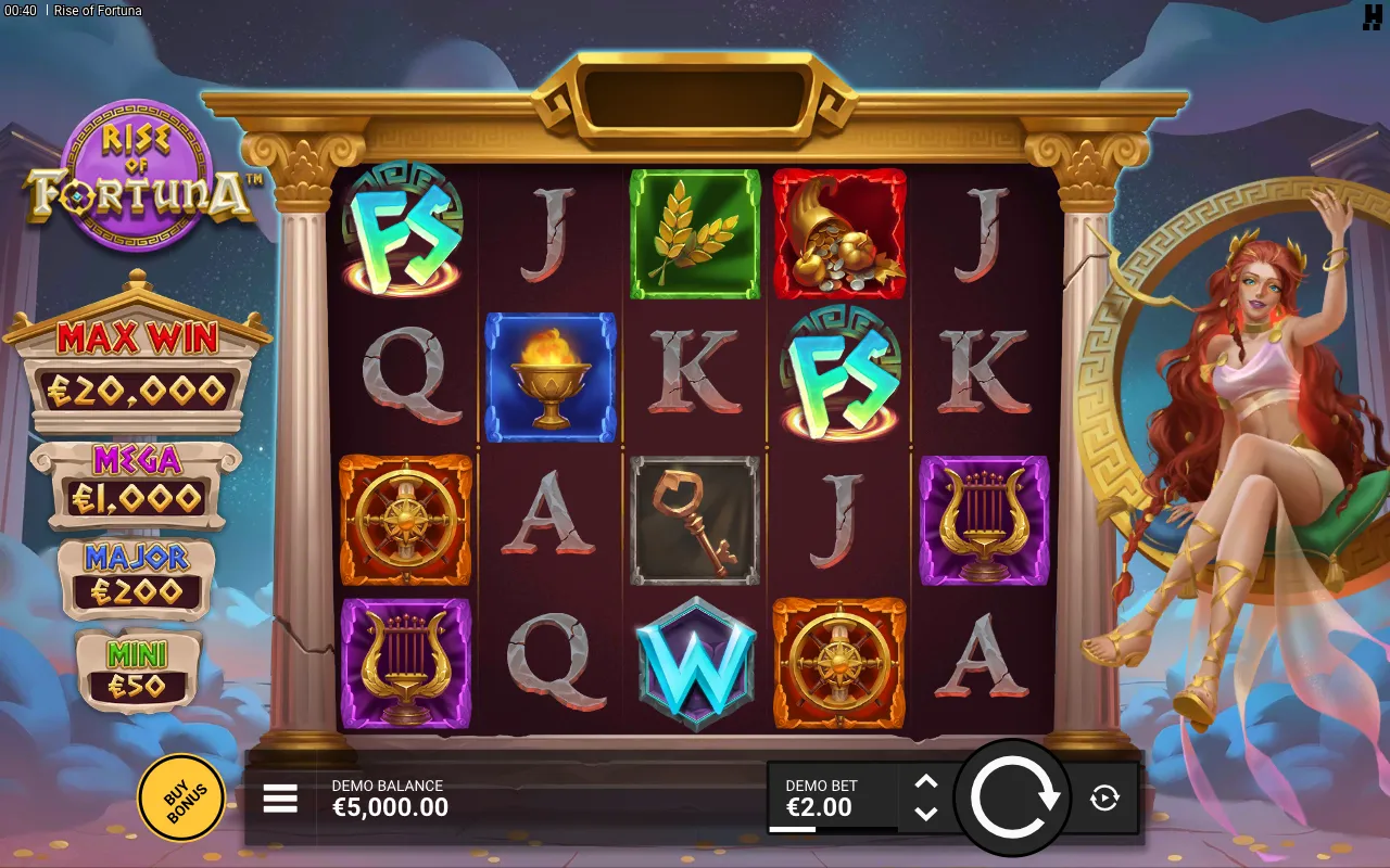 Rise of Fortuna base game on a 5x4 grid showing Roman premium symbols (keys, lyres, leaves, braziers, treasure piles, small wheels) and royal A/K/Q/J low-pays, with the four jackpot tiers (Max Win, Mega, Major, Mini) on a temple-style frame at left and Fortuna seated cross-legged on a golden circle at right