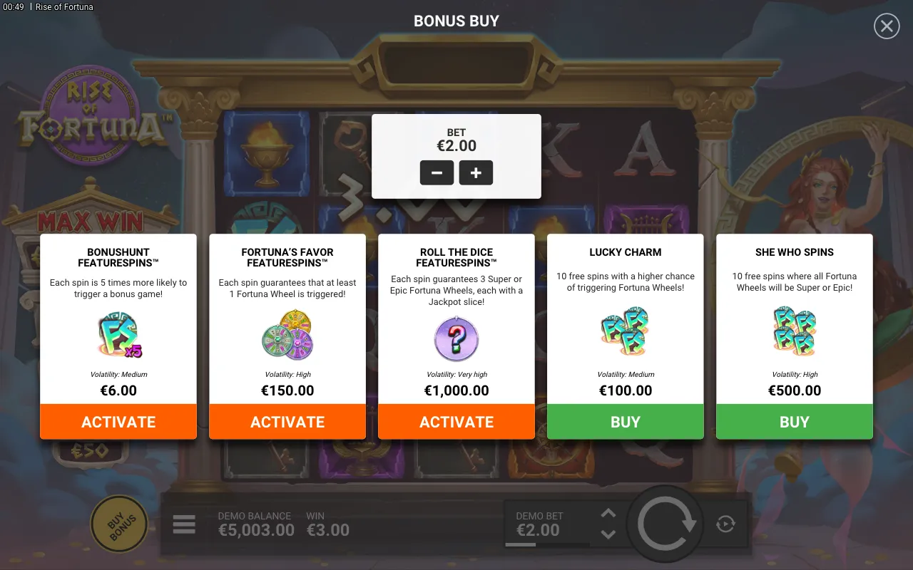 Rise of Fortuna bonus buy menu with five tiers: BonusHunt FeatureSpins, Fortuna's Favour FeatureSpins, Roll the Dice FeatureSpins, Lucky Charm, She Who Spins, each shown as a separate card with cost in bet multiples and an Activate or Buy button