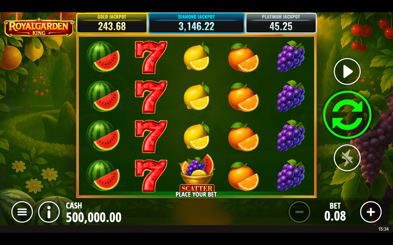 Royalgarden King base game 5 by 3 fruit grid with cherries, lucky 7s and oranges, and the three progressive jackpot meters Gold, Diamond and Platinum along the top