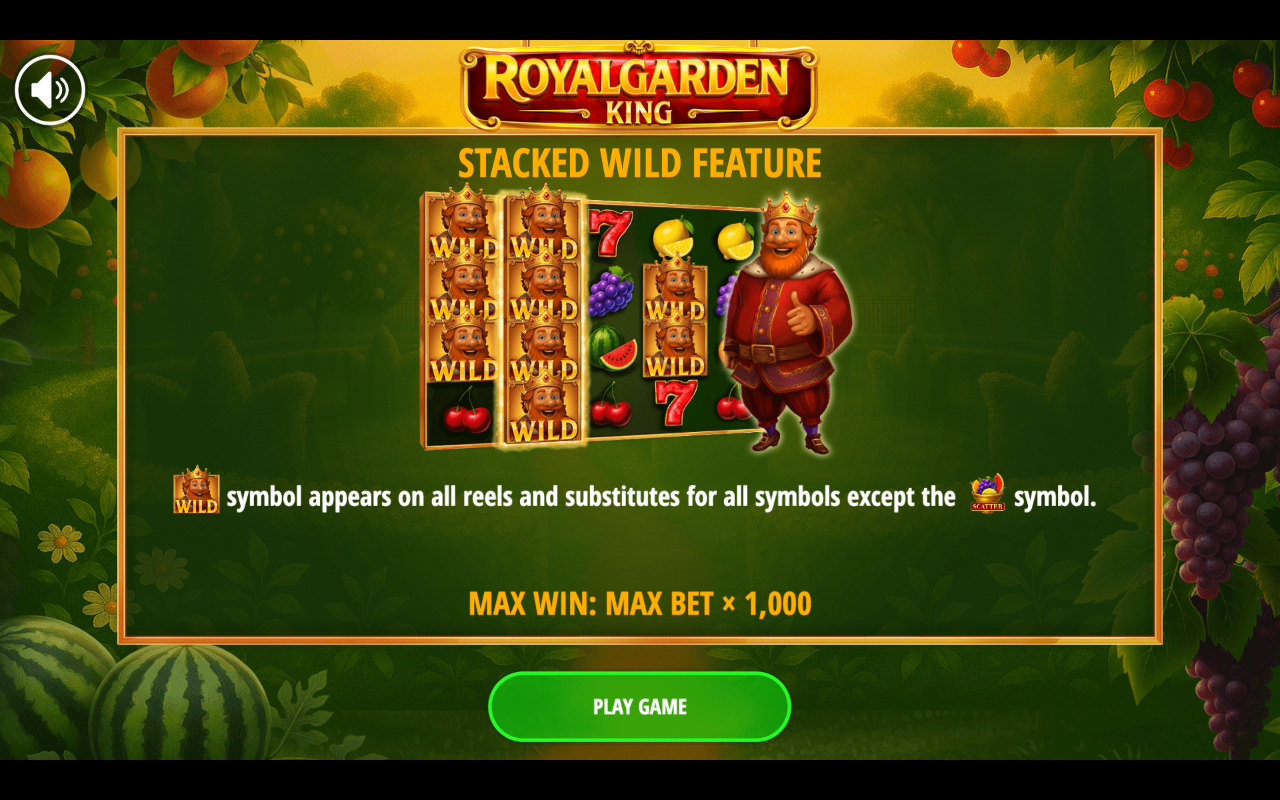 Royalgarden King intro screen showing the Stacked Wild feature, the crowned King substituting on all reels, and the max win of max bet times 1,000