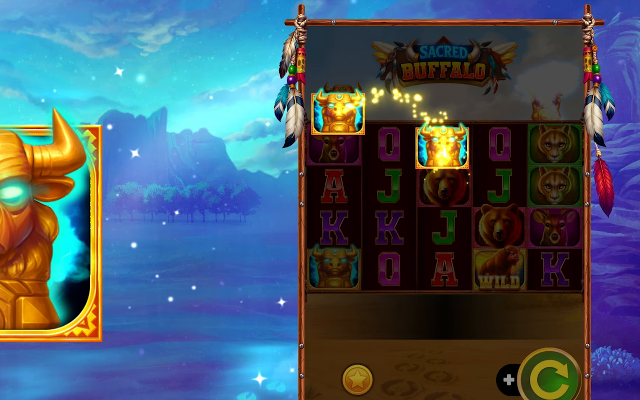 Sacred Buffalo Wooden Totem trigger moment with Coin tokens highlighted on the reels