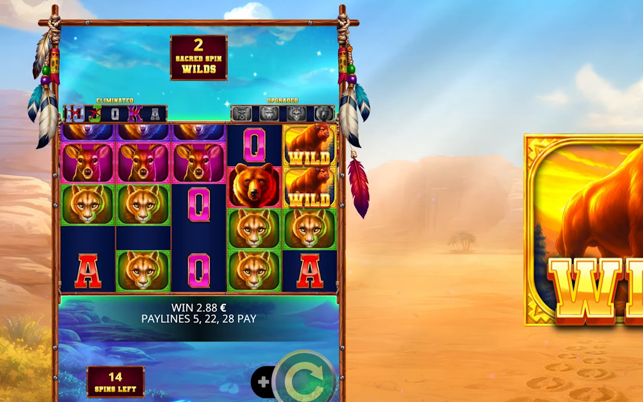 Sacred Buffalo Free Spins round with Buffalo Majors upgrading to Spirit form and Wild tokens collected to the side
