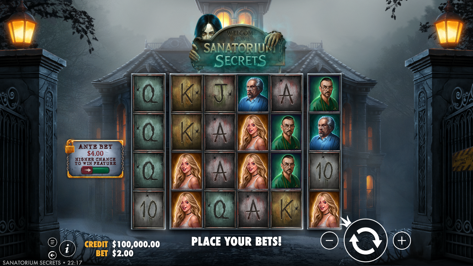 Sanatorium Secrets base game 6 by 4 ways grid with the Ante Bet panel on the side