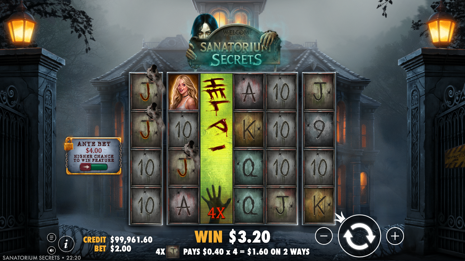 Mystery reel carrying a 4 times multiplier wild contributing to a ways win in Sanatorium Secrets