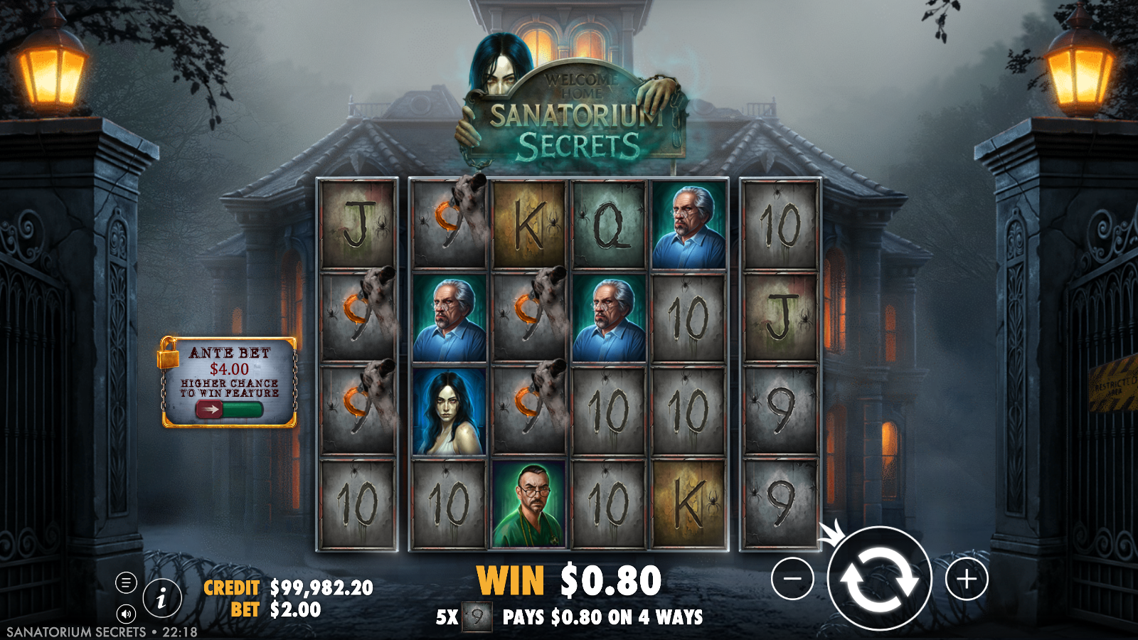 Base game ways win paying across adjacent reels on the Sanatorium Secrets grid