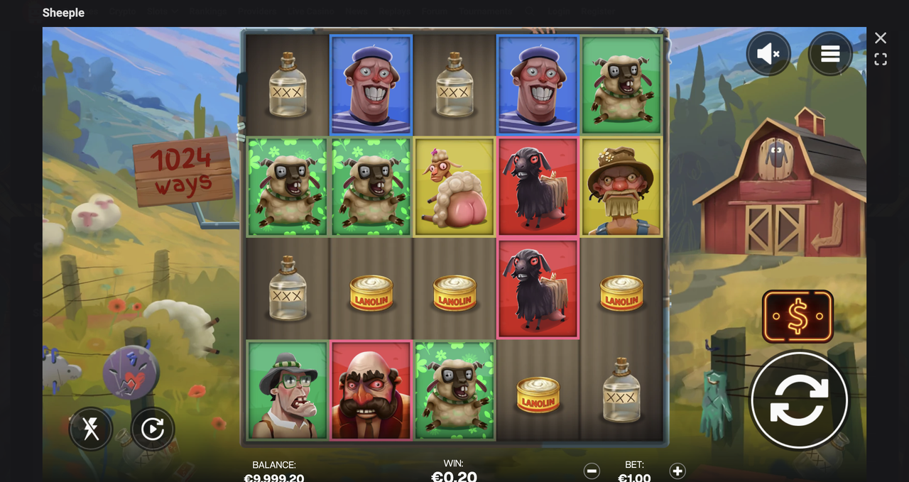 Sheeple base game 5-by-4 grid with farmer and sheep symbols on the reels, plus the 1024 ways indicator visible at the side