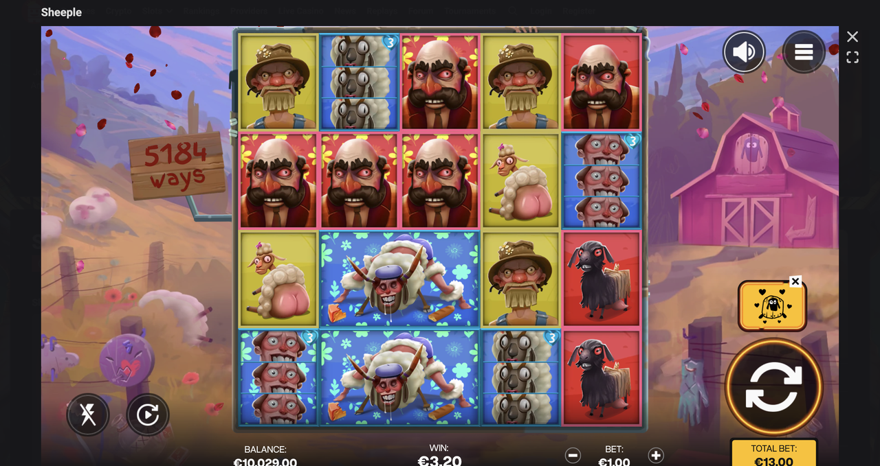 Sheeple feature mechanic showing a Sheeple composite symbol formed by a farmer plus sheep merge on the reels