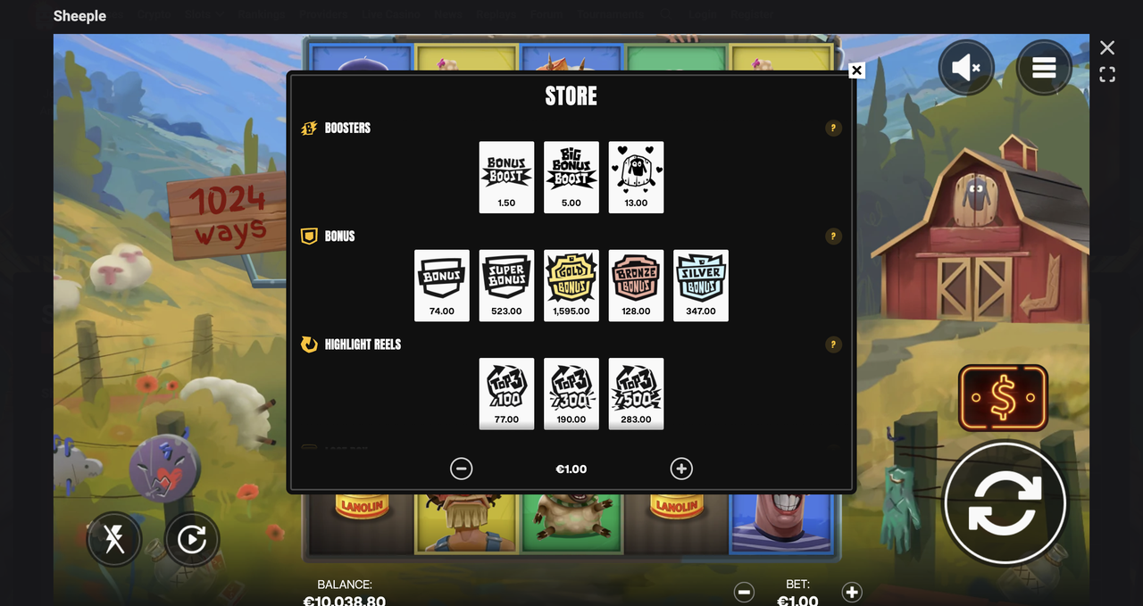 Sheeple bonus buy menu listing Barn Buster, Bonus game, Super Bonus, and Loot Vault tiers