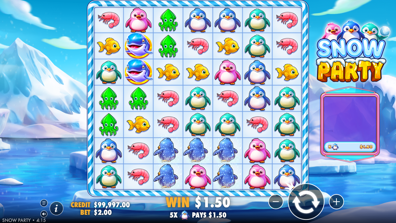Snow Party base game: a connected cluster of penguin symbols paying a win on the 7×7 ice grid