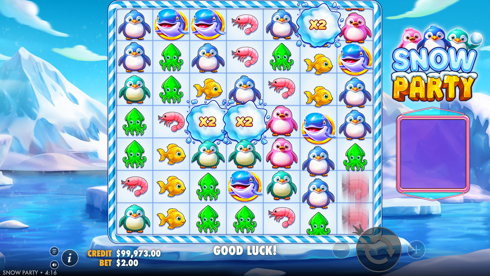 Snow Party multiplier Wilds locked on the grid during a Wild respin