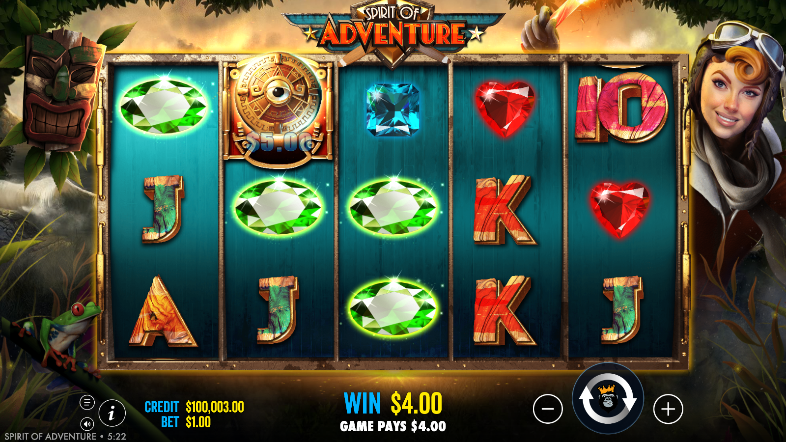Spirit of Adventure base game on the 5×3 grid with an emerald payline win and a gold relic money-symbol on the reels