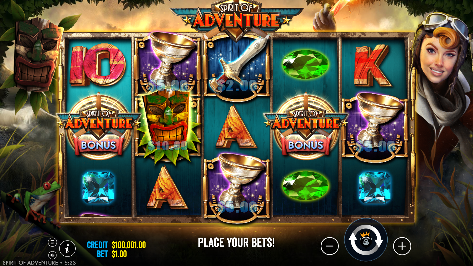 Relic money-symbols and two Spirit of Adventure Bonus scatter symbols on the Spirit of Adventure grid