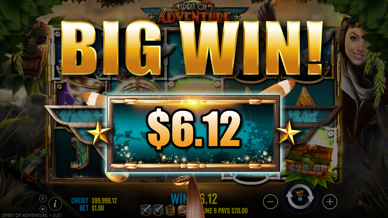 Spirit of Adventure Big Win celebration banner in the base game after a payline lands