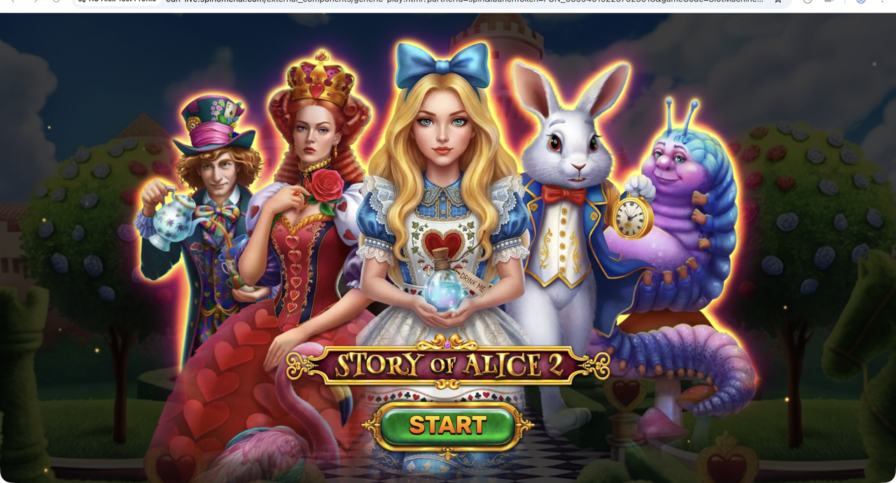 Story of Alice 2 splash screen with Mad Hatter, Queen of Hearts, Alice, White Rabbit, and Caterpillar