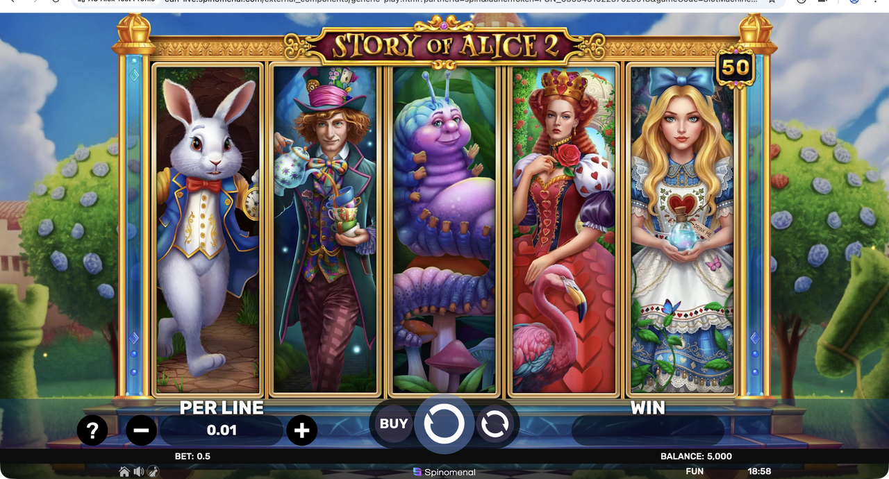 Story of Alice 2 base game with five character symbols filling 5x1 reels