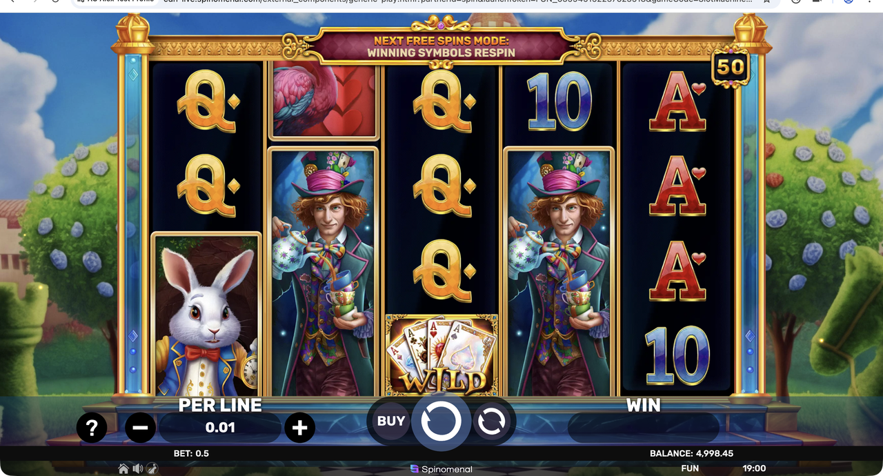 Story of Alice 2 free spins trigger banner with WILD card symbol on centre reel
