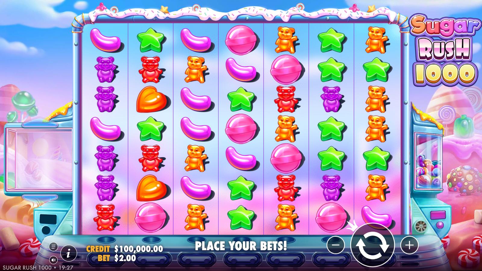 Sugar Rush 1000 base game grid showing the 7×7 candy layout with lollipops, hearts, gummy bears and jelly beans