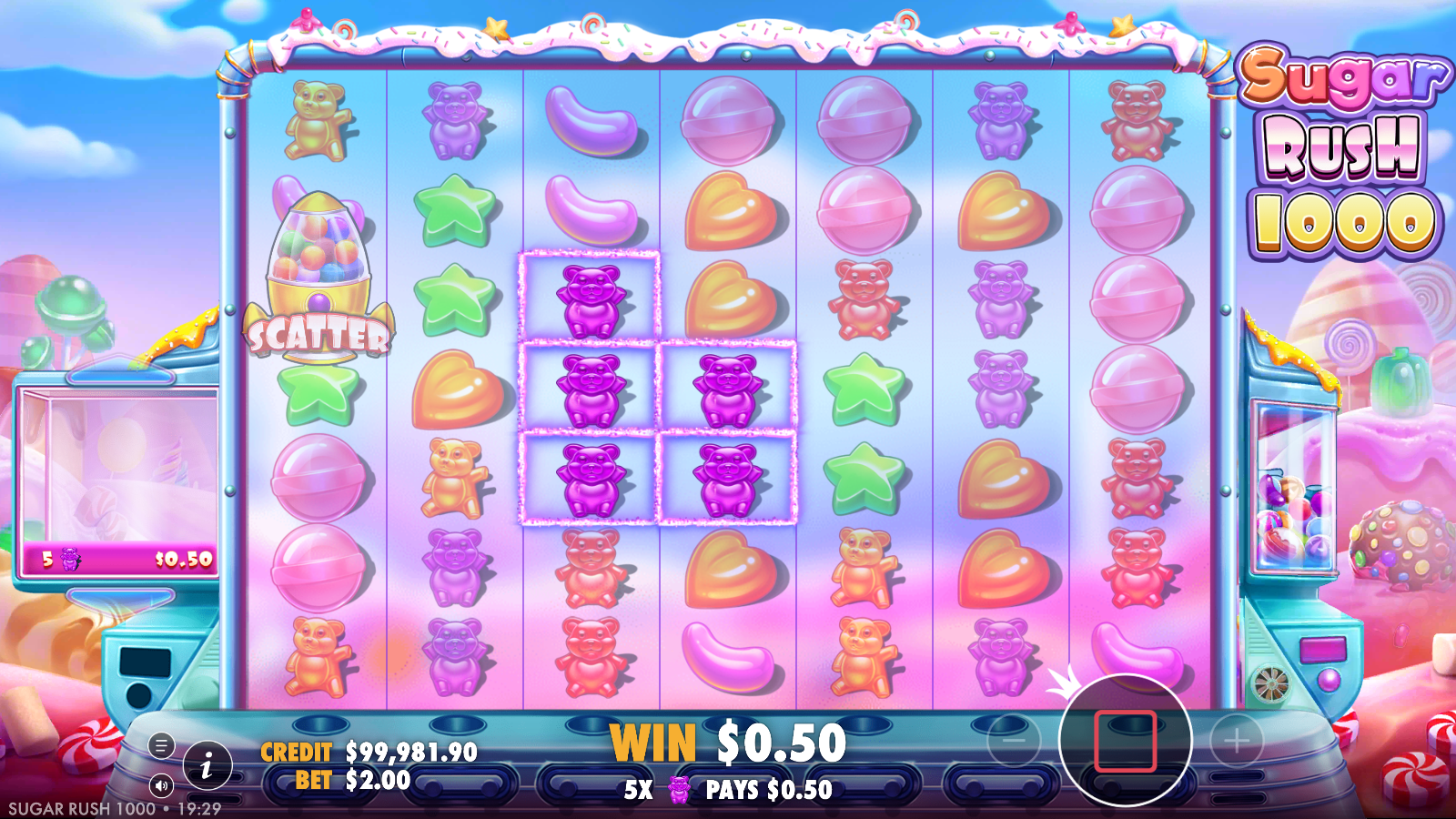 Five purple gummy bears connected in a cluster, highlighted in white, with a A$0.50 win logged on the side panel