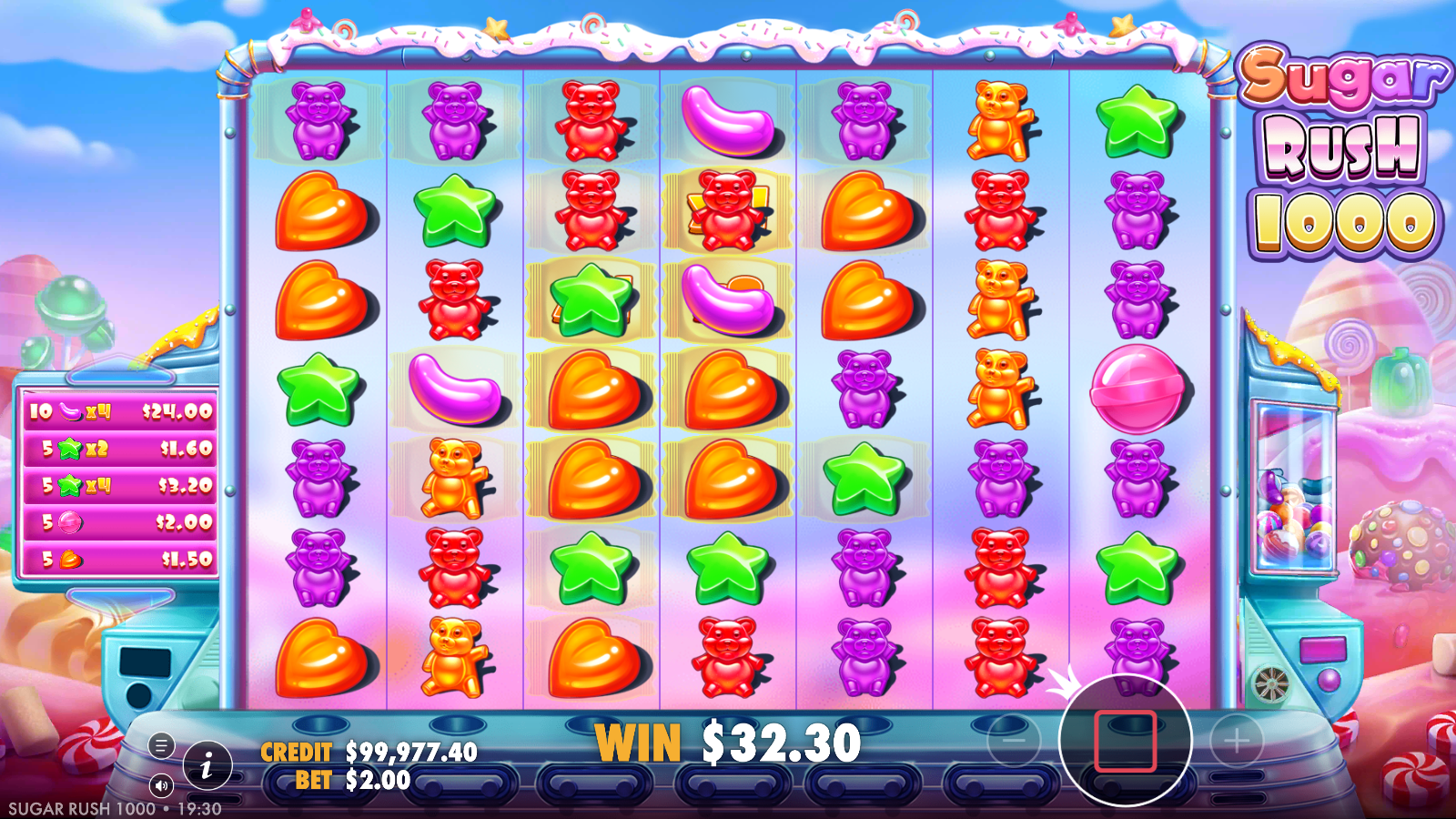 Multi-cluster tumble sequence with five separate cluster wins logged in the left panel totalling A$32.30