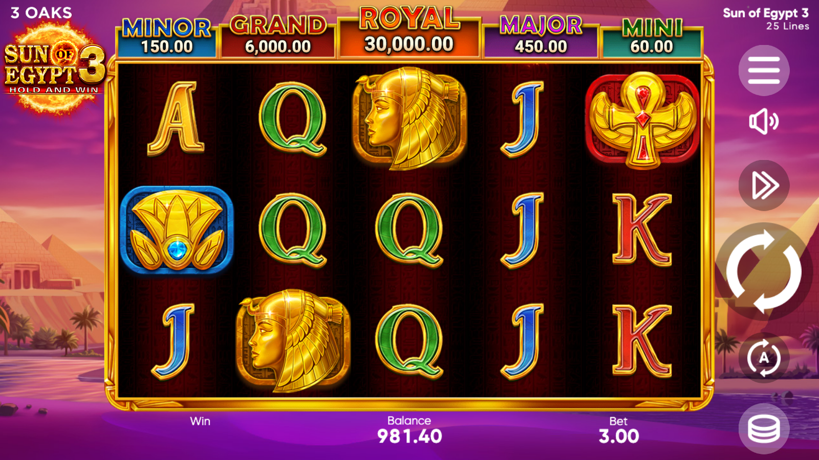 Sun of Egypt 3 - 5x3 base grid with Pharaoh, Ankh-bird, blue gem coin and royal letters under the Royal jackpot ladder