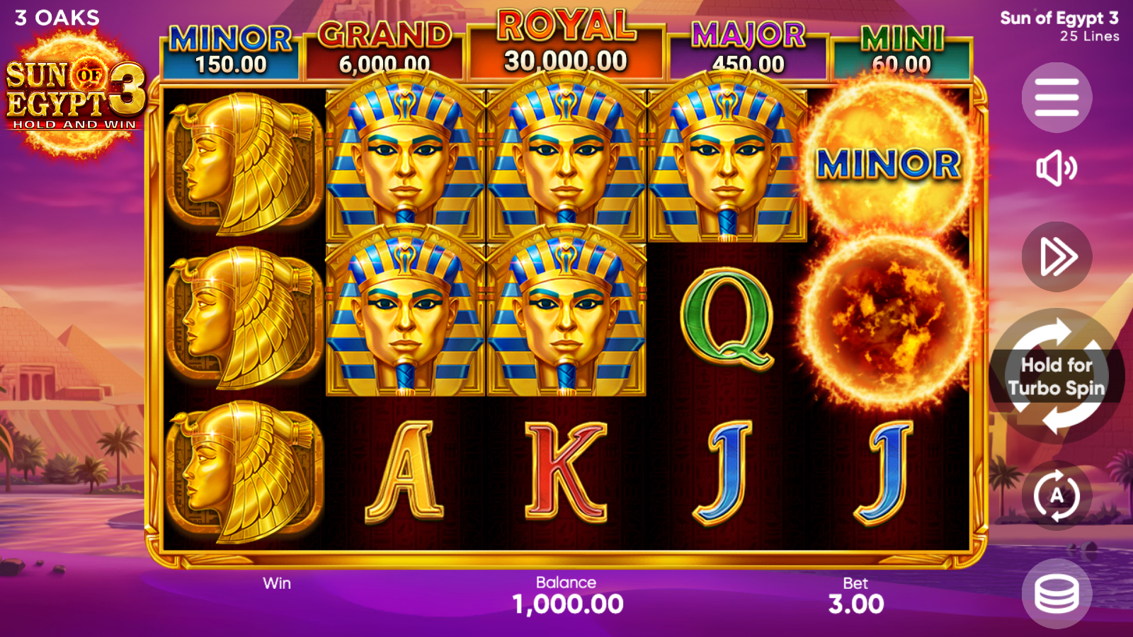 Sun of Egypt 3 - stacked Pharaoh masks on reels 1 to 3 with Sun Coin animation landing on reel 5 as the Hold and Win trigger