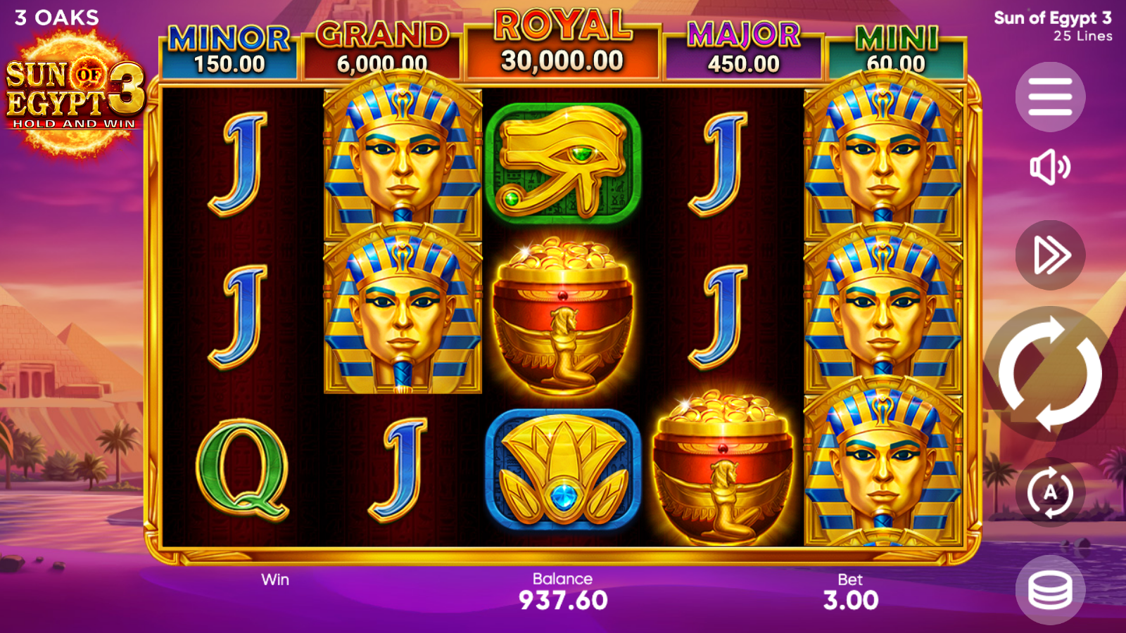 Sun of Egypt 3 - gold pots and Sun-coin scatters across the 5x3 grid during a coin-respin state
