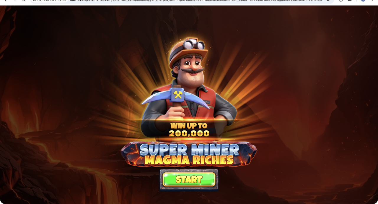 Super Miner Magma Riches splash screen with WIN UP TO 200,000 banner and START button