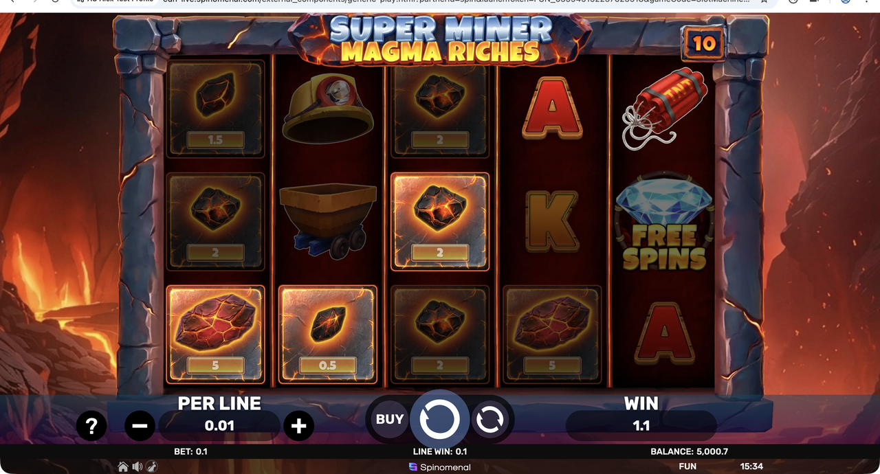 Super Miner Magma Riches base game with Cash Collect Instant Cash lava-rock symbols showing 0.5x, 1x, 2x and 5x denominations