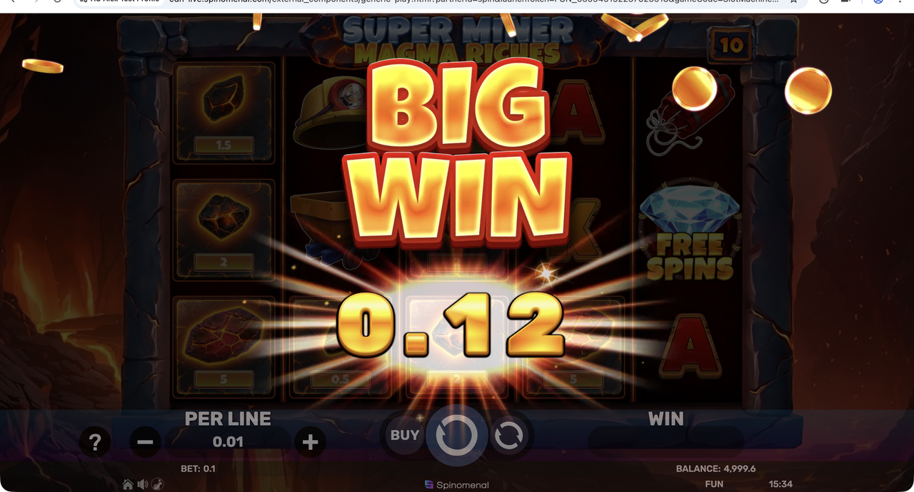 Super Miner Magma Riches BIG WIN celebration paying 0.12 on a 0.10 stake