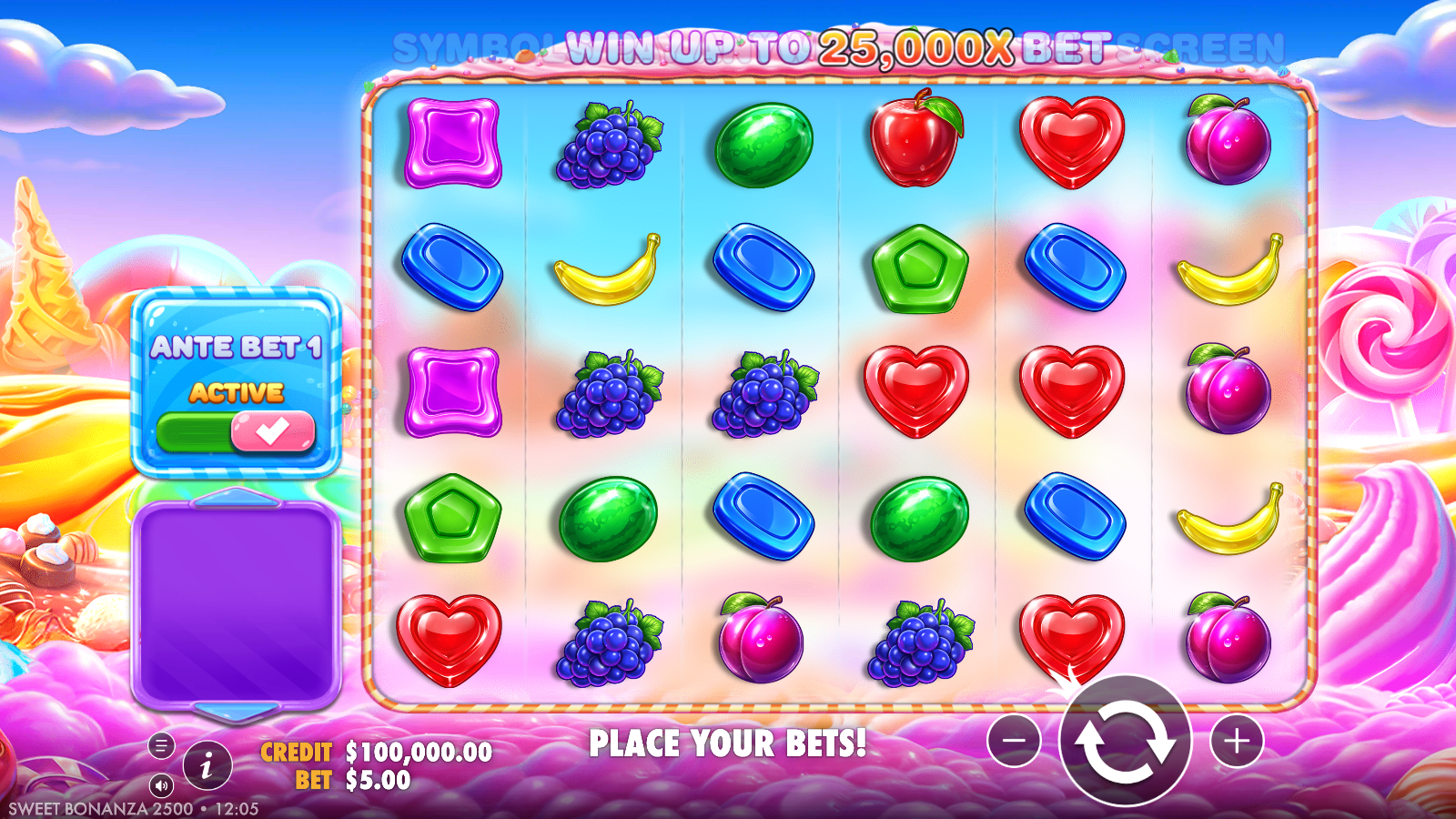 Sweet Bonanza 2500 base game grid showing the 6×5 candy and fruit layout with the Ante Bet special bet switched on