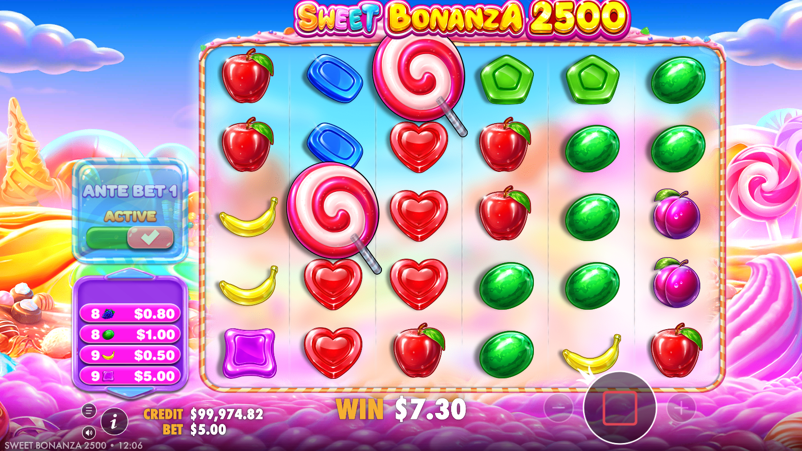 A tumble in progress with a red-heart and candy cluster paying out while a win tally builds and two lollipop scatters sit on the grid